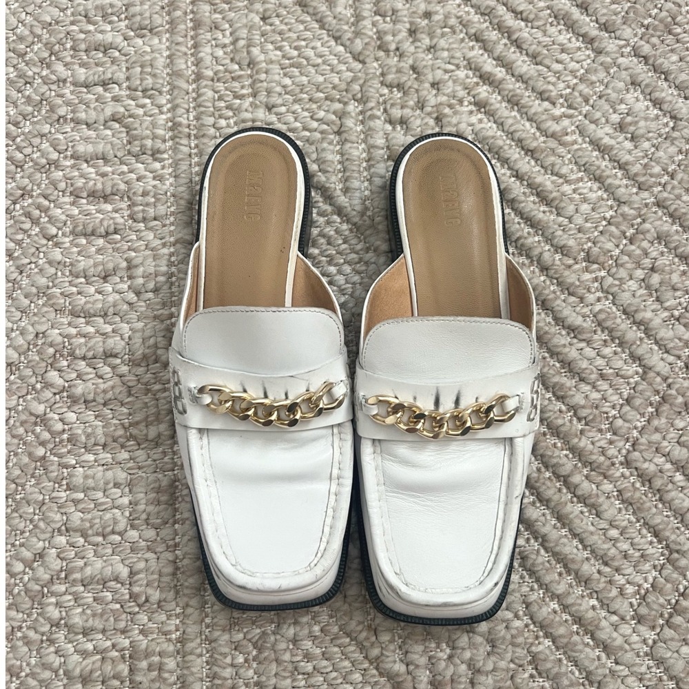 L'Intervalle White Leather Square Toe Chain Loafer Mules Slides Spain Womens 38